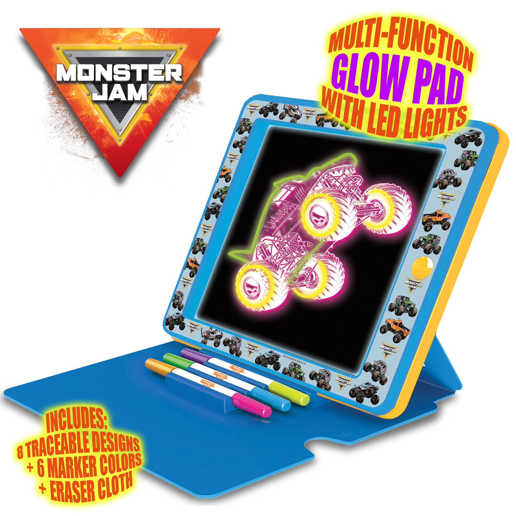 Easel-cover closed view demonstrates hands-free, portable play