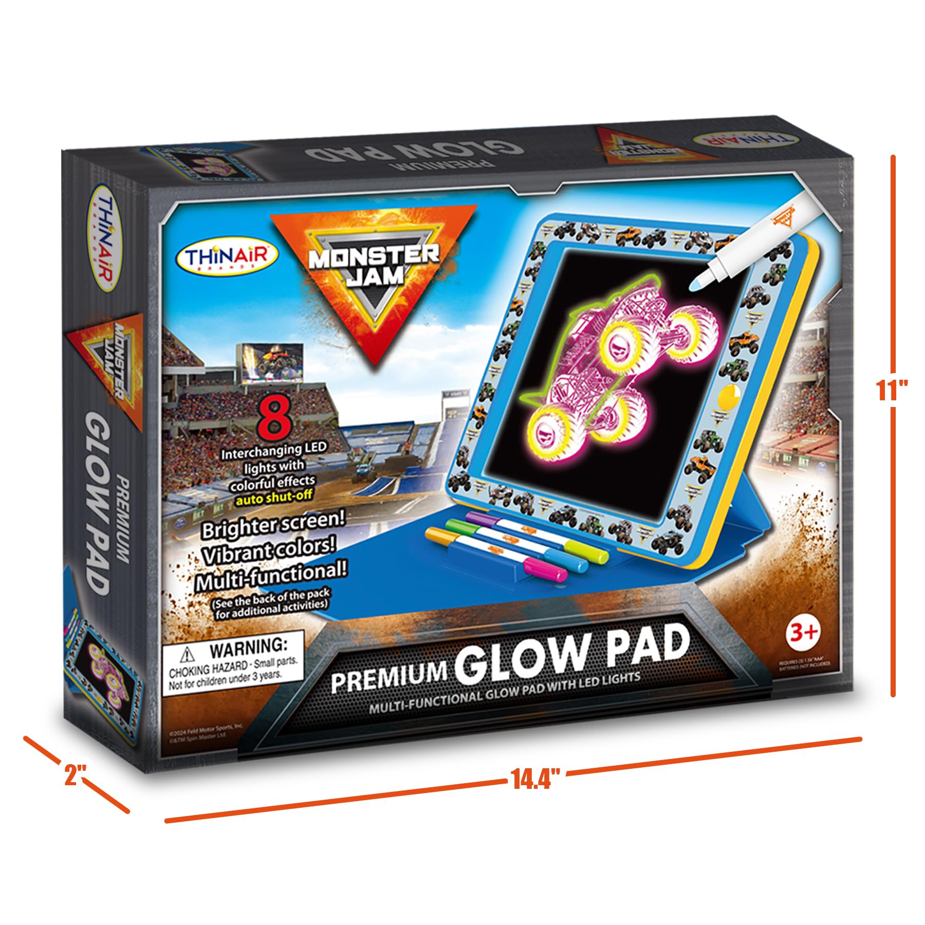 Monster Jam glow pad showing color-changing LED lighting during drawing