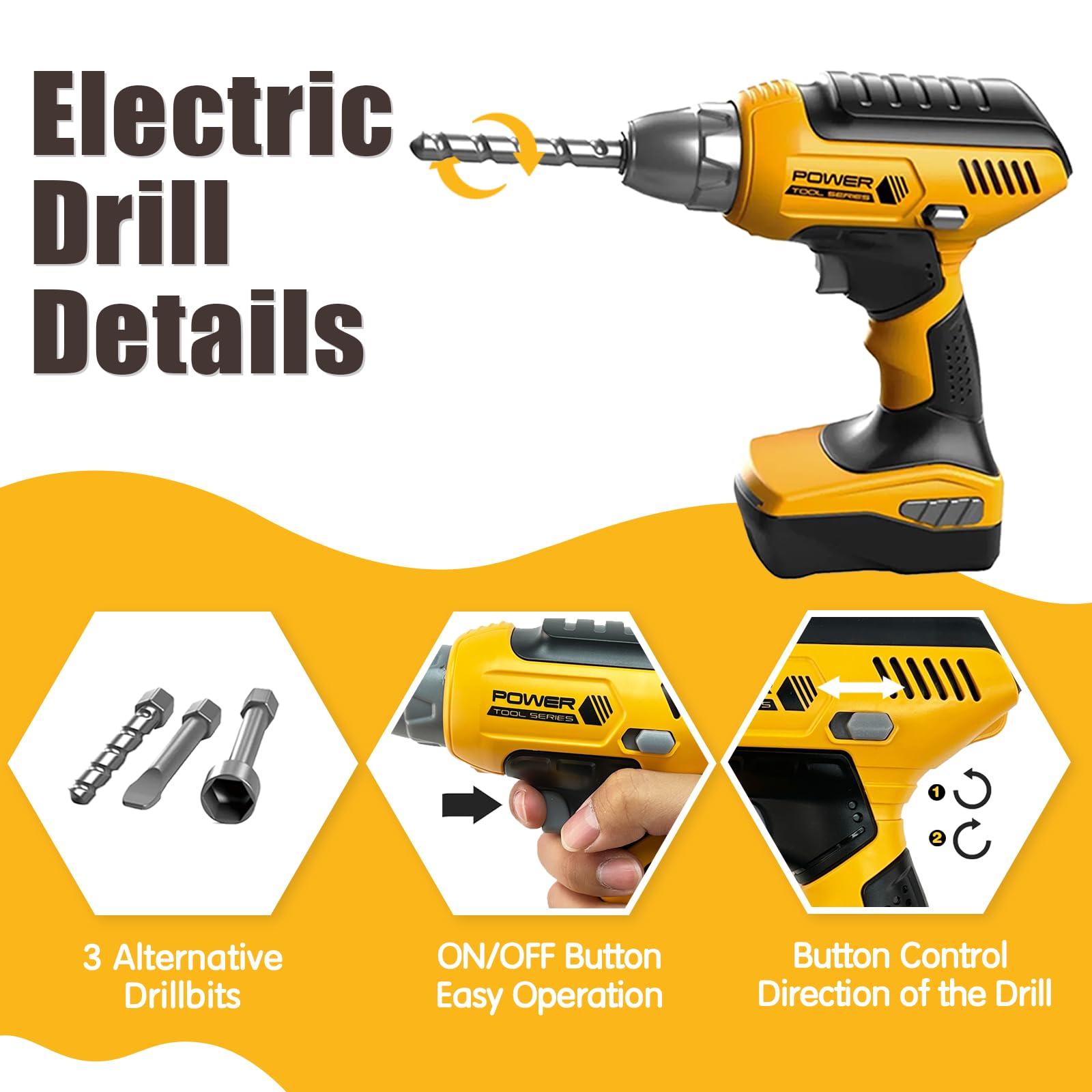 Playhiland electric drill in action with realistic sounds for engaging pretend projects