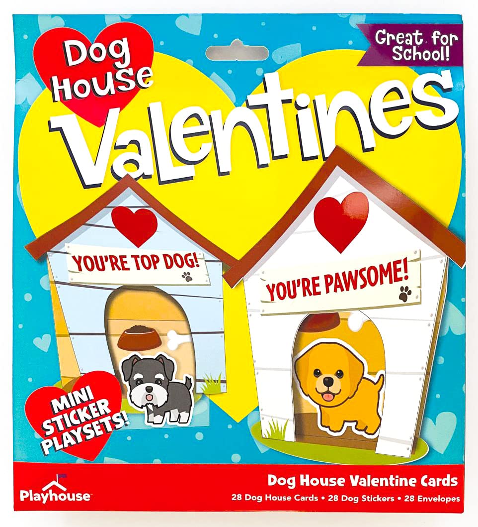 Playhouse Sticker Fun Dog House card pack shows 28 large cards with envelopes for classroom exchanges.