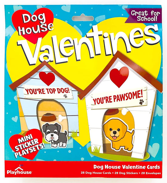 Playhouse Sticker Fun Dog House card pack shows 28 large cards with envelopes for classroom exchanges.