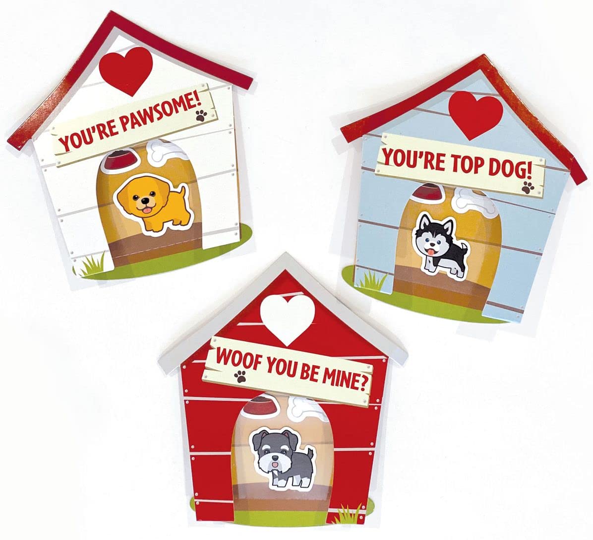 Playhouse three doghouse styles illustrated with playful puppies and spaces for To and From.