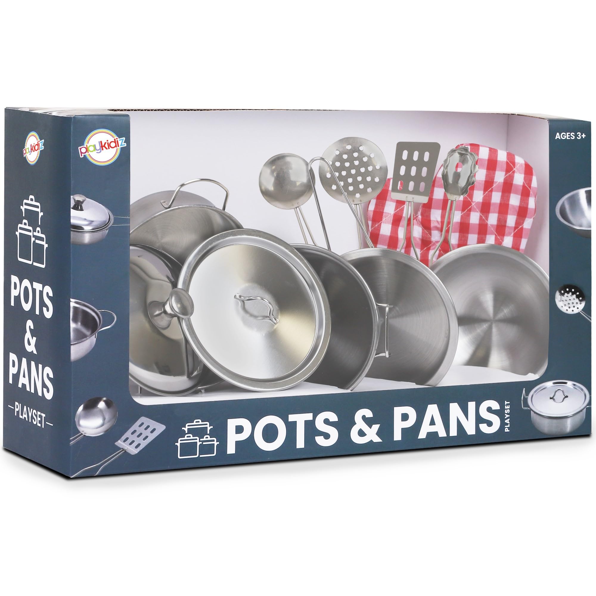 Playkidz stainless steel pots and pans 9-piece set for kids, durable pretend cookware