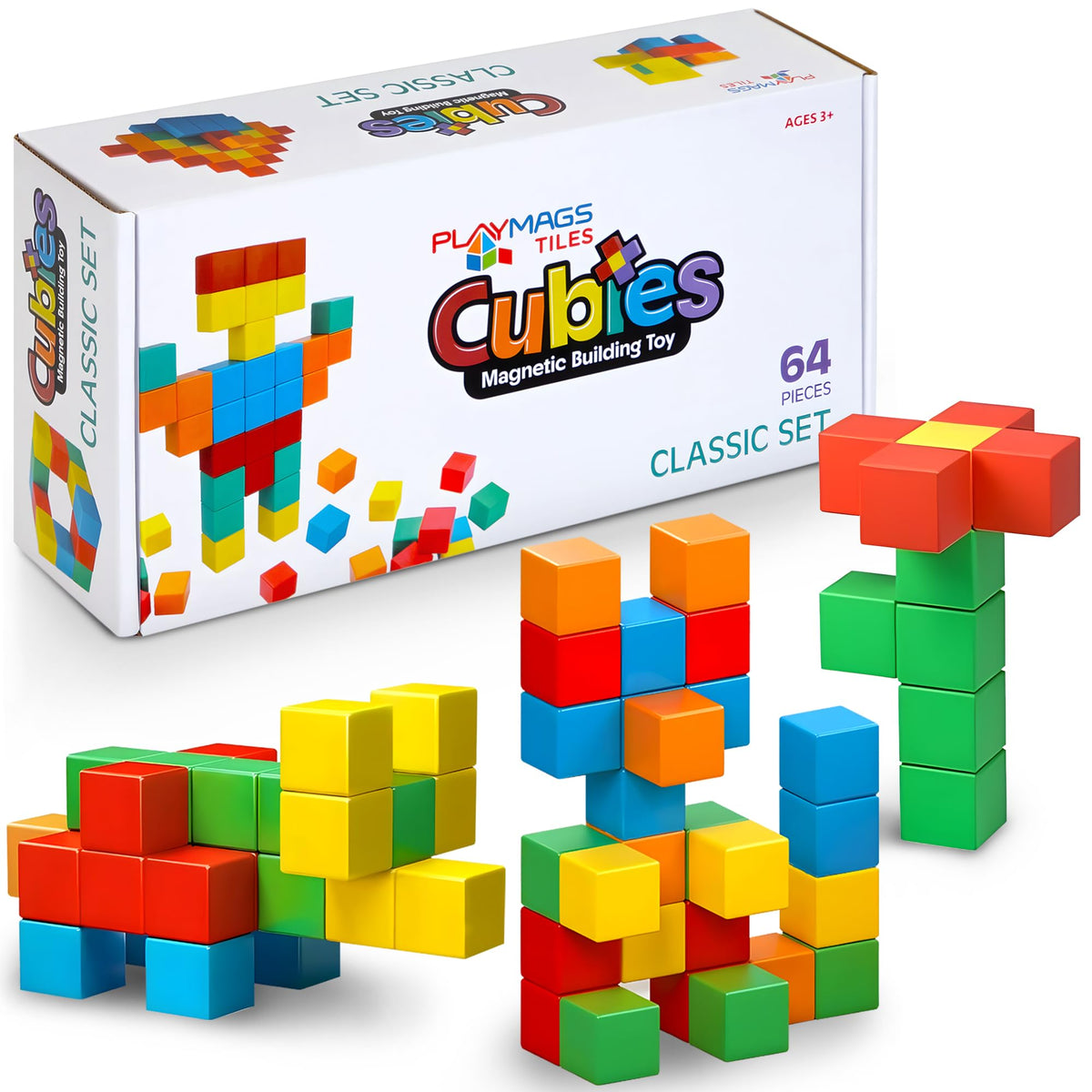 Playmags 64pc magnetic blocks set in bright colors for creative building