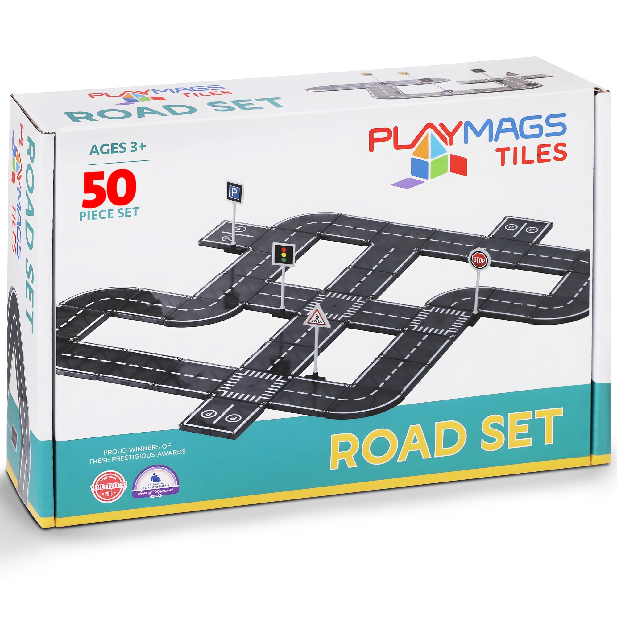 Playmags road tiles forming flexible tracks for creative city layouts.