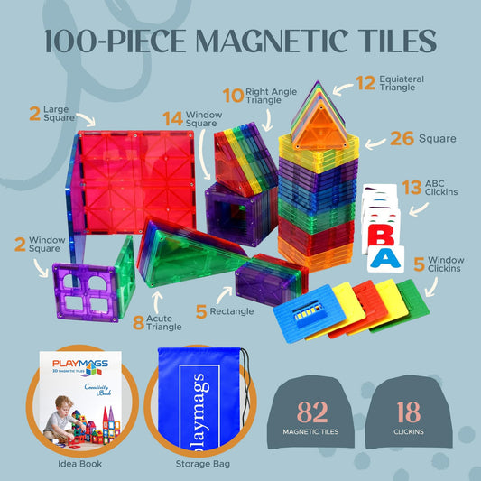 Playmags tiles with clickins show letters and windows for interactive learning.