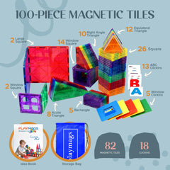 Playmags tiles with clickins show letters and windows for interactive learning.