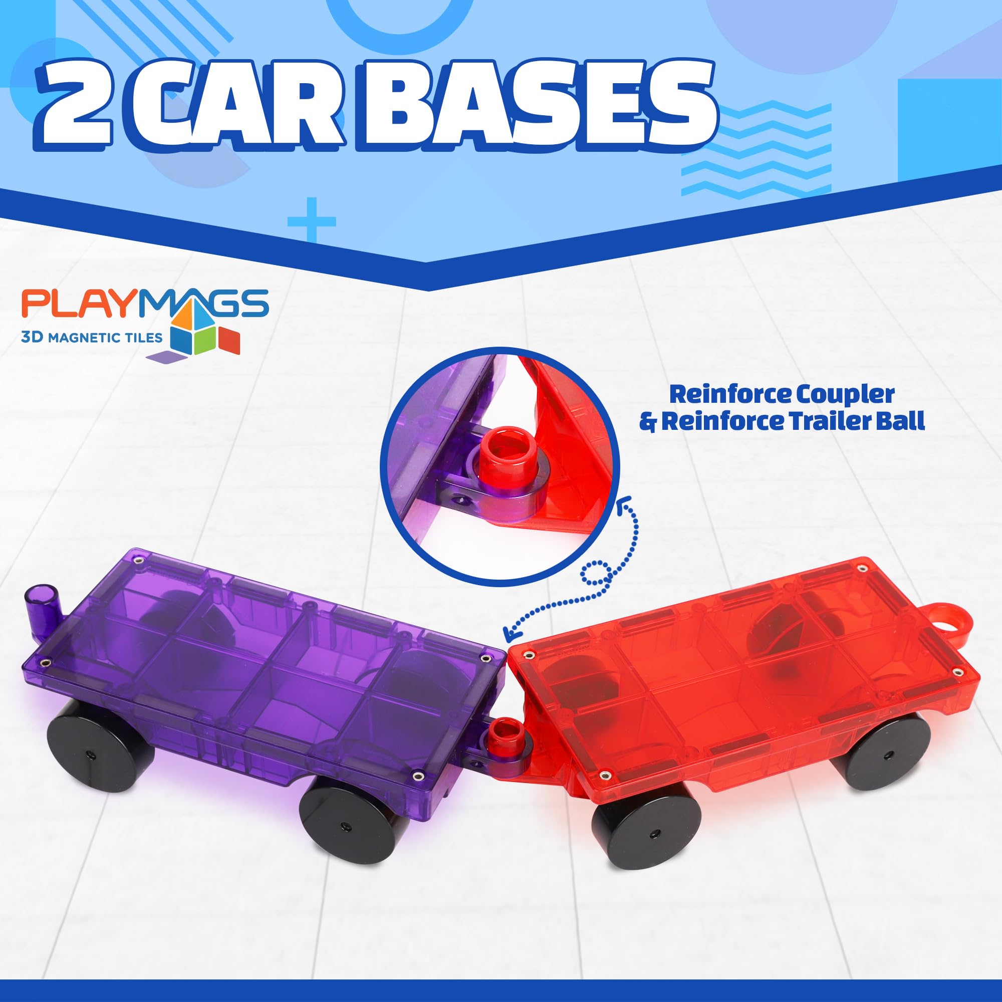 Playmags wheelbase twin pack design supports easy linking for trains and multi-vehicle play.