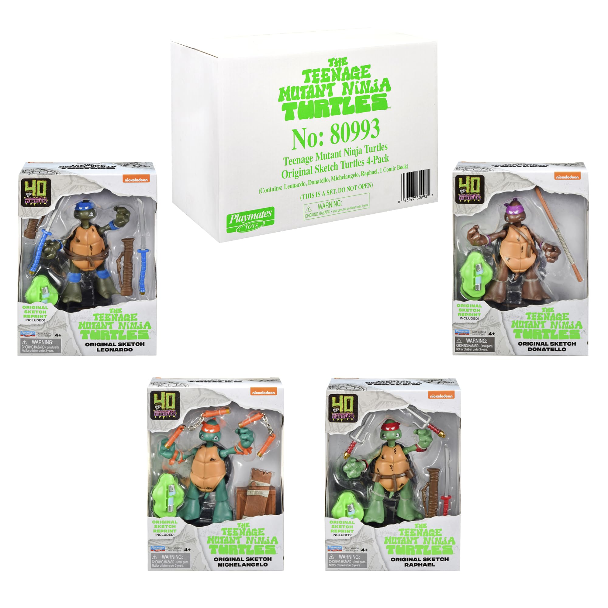 Playmates TMNT Original Sketch Turtle Figures, four brothers for group display.