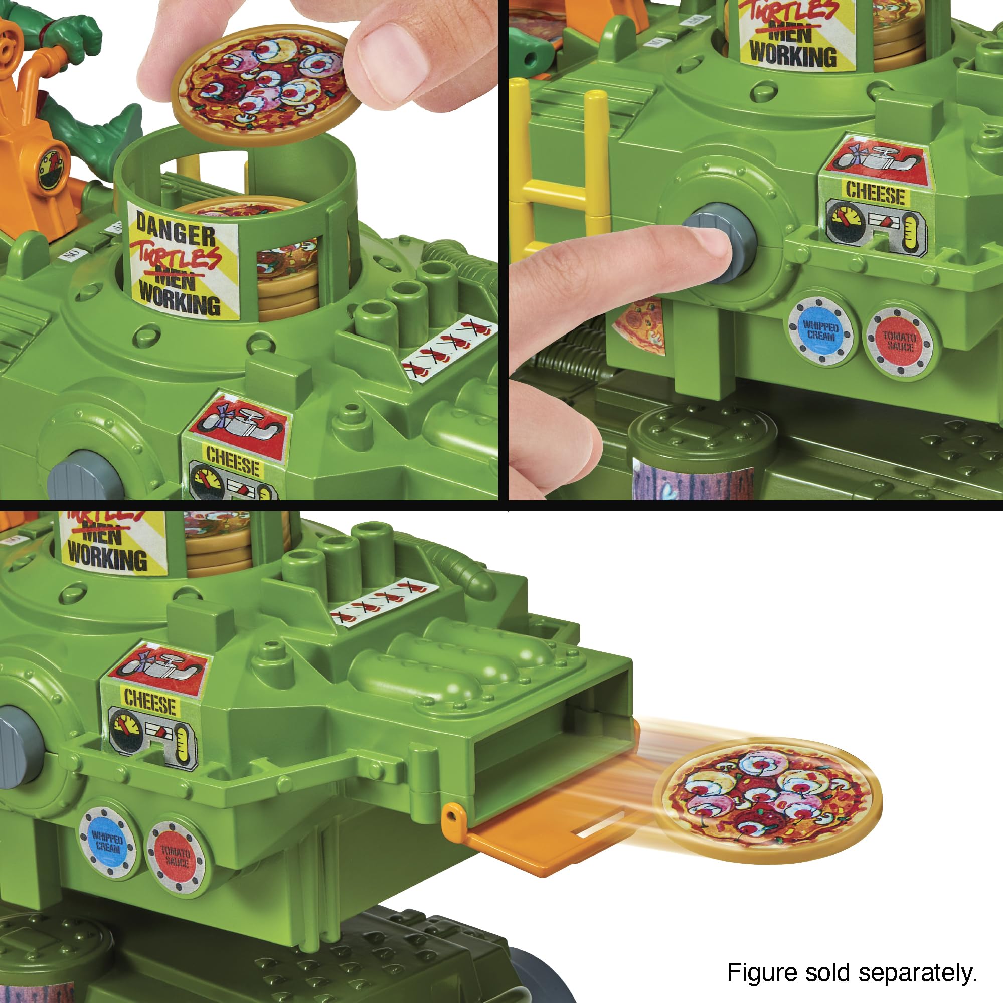PlayMates TMNT Pizza Thrower Vehicle 360 Launcher demonstrates full-circle firing for dramatic play moments