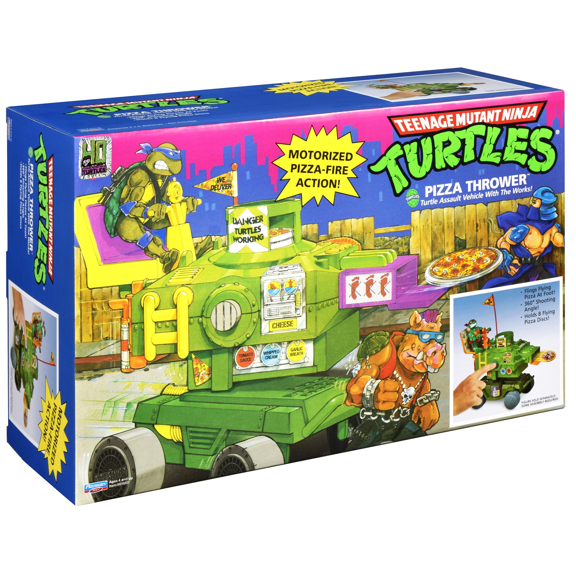 PlayMates TMNT Pizza Thrower Vehicle packaging shows ready-to-play setup