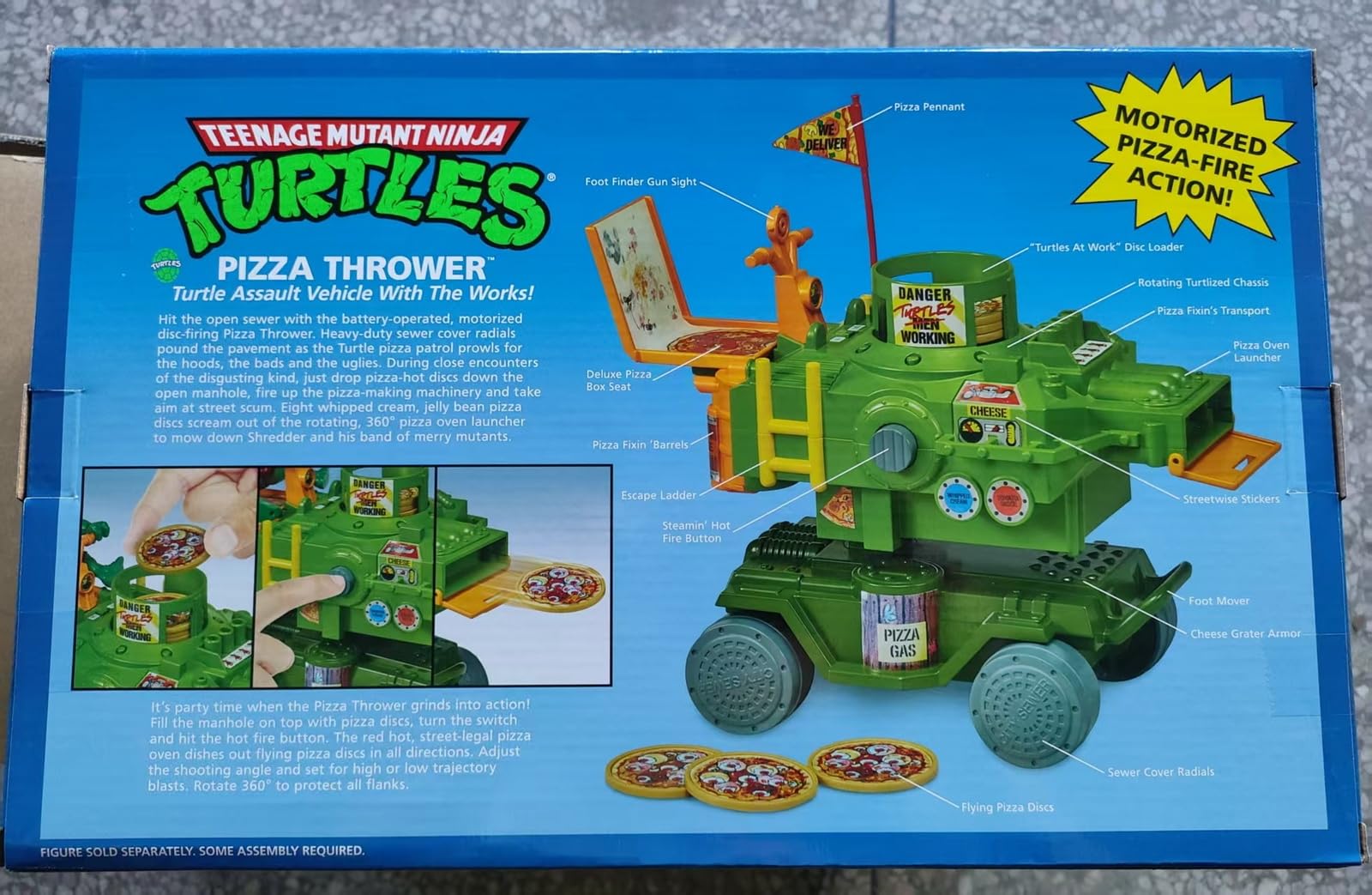 PlayMates TMNT Pizza Thrower Vehicle side view emphasizes durable build for rugged play sessions