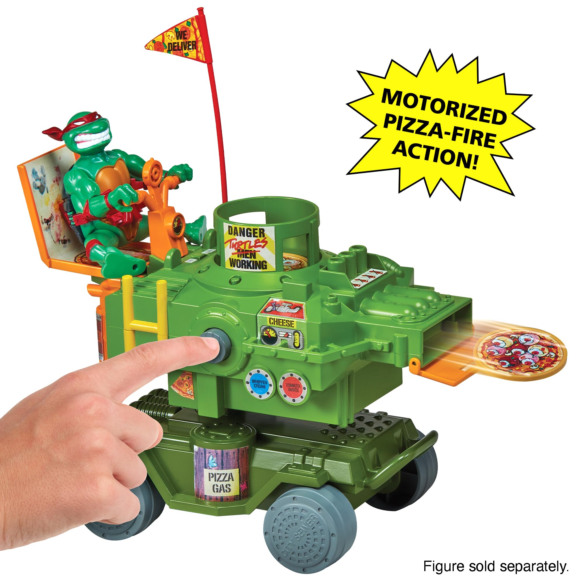 PlayMates TMNT Pizza Thrower Vehicle top-down shows rotating launcher for immersive pretend battles