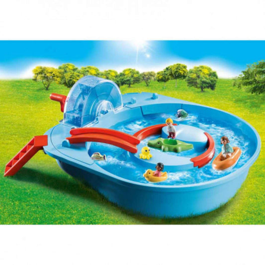Playmobil figures and floating toys support early language and cognitive play on water adventures.