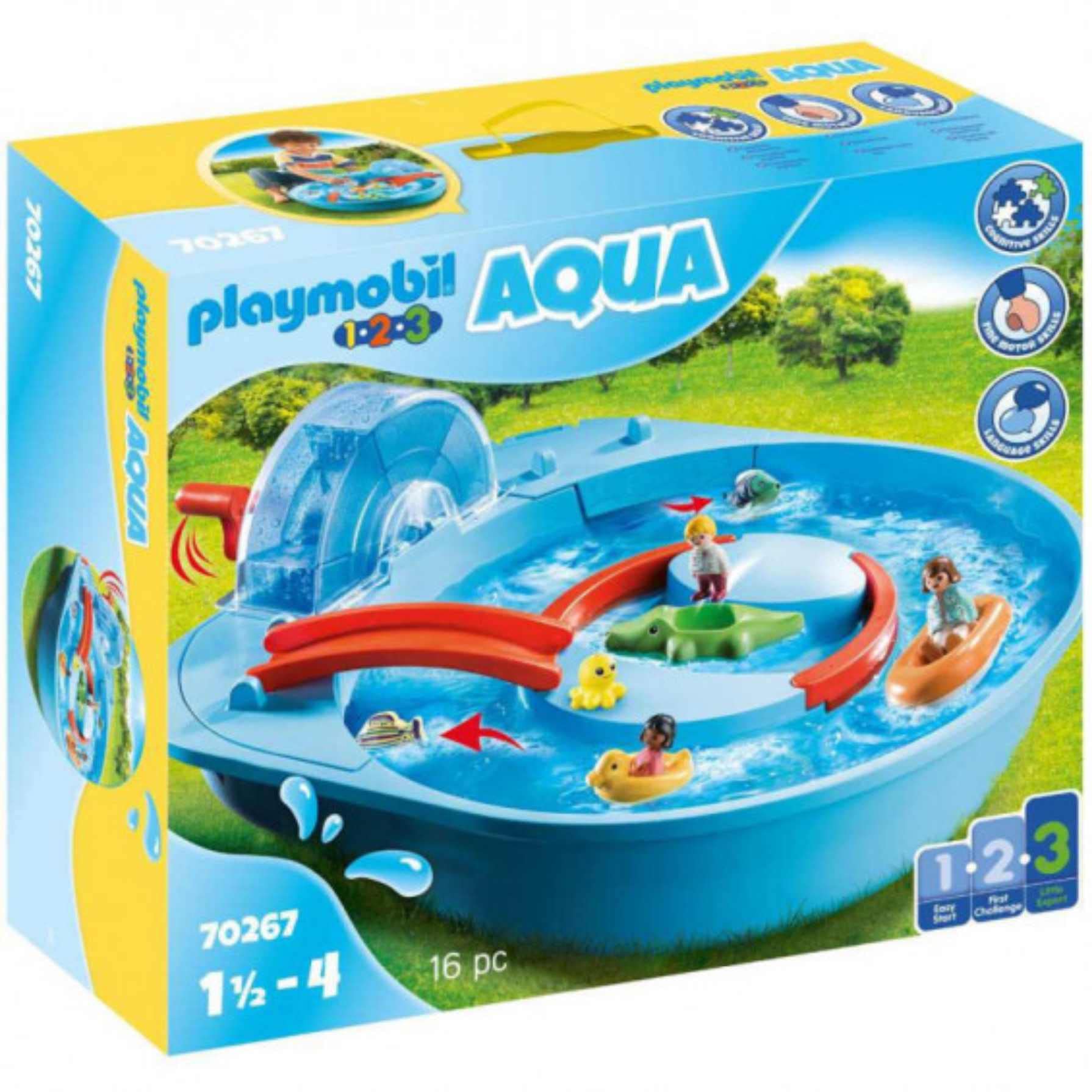 Playmobil 1.2.3 Aqua Splish Splash Water Park with colorful figures for imaginative water play.