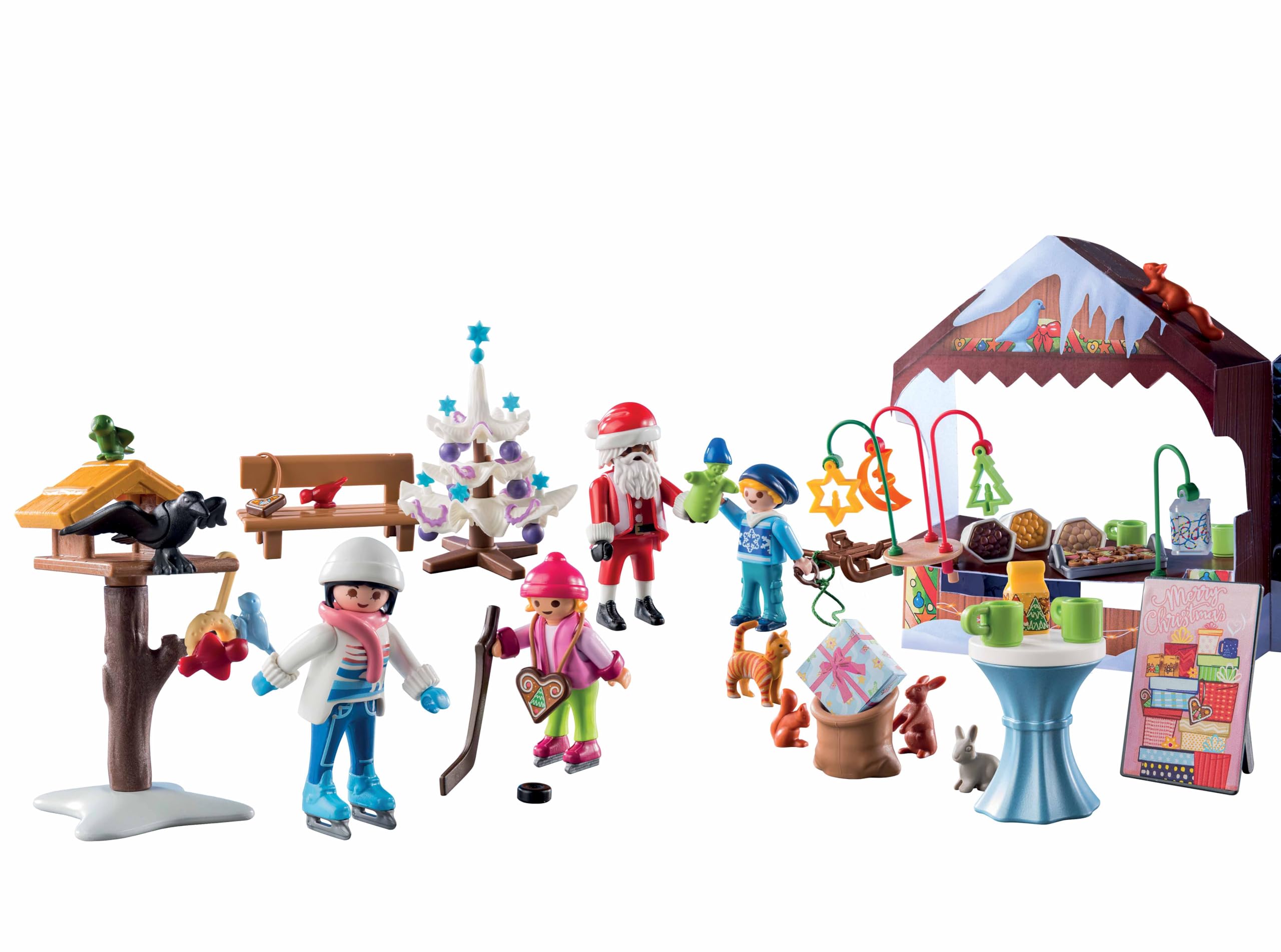 Playmobil Advent Calendar Trip to the Christmas Market features a Christmas tree for ambience.