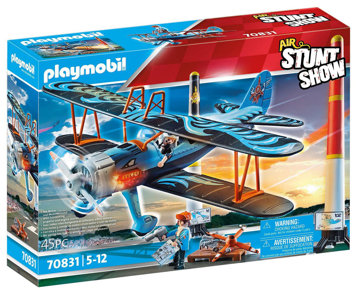 Playmobil Air Stunt Show Phoenix Biplane front view for imaginative stunt play.