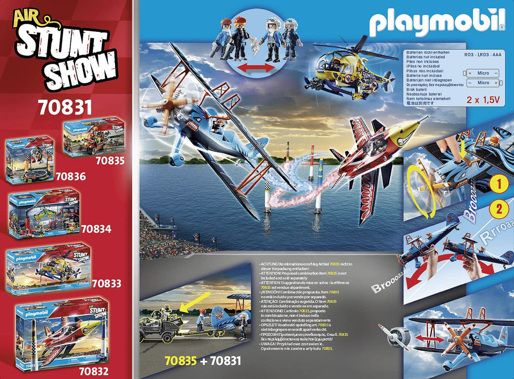 Playmobil Air Stunt Show Phoenix Biplane motorized propeller powers exciting flights.