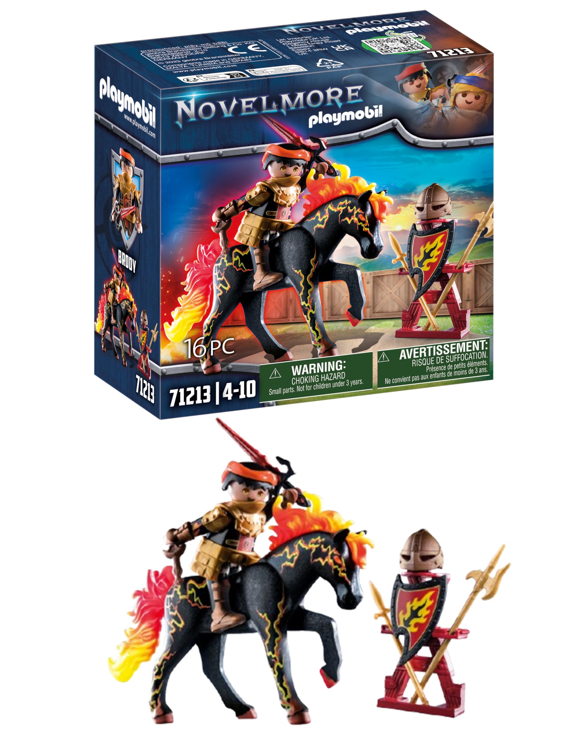 Playmobil Burnham Raiders Fire Knight front view for imaginative jousting adventures.