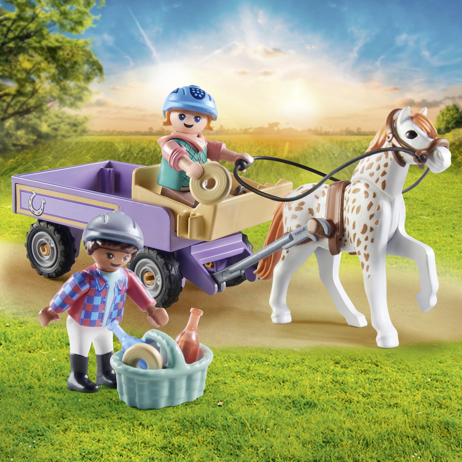 Playmobil child figures with helmets ready for pony ride