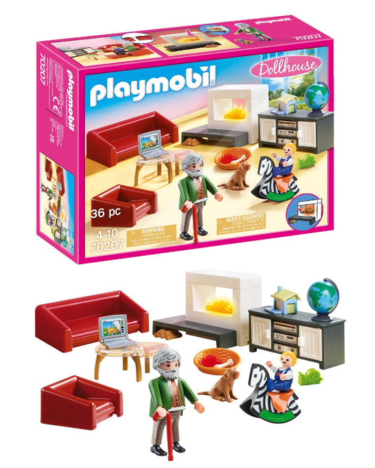 Playmobil Comfortable Living Room with illuminated fireplace for cozy storytelling.