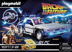 Playmobil DeLorean lights active close-up for dramatic time travel scenes.