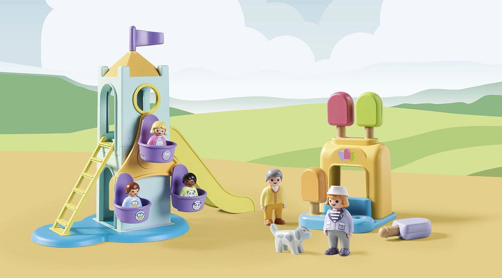Playmobil Ferris wheel lookout element provides an elevated viewing moment during pretend rides.