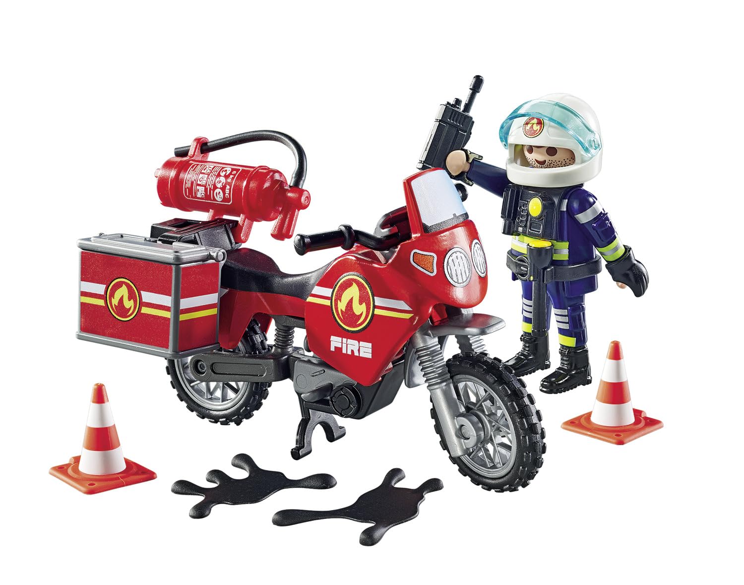 Playmobil fire extinguisher attached to motorcycle for quick access.