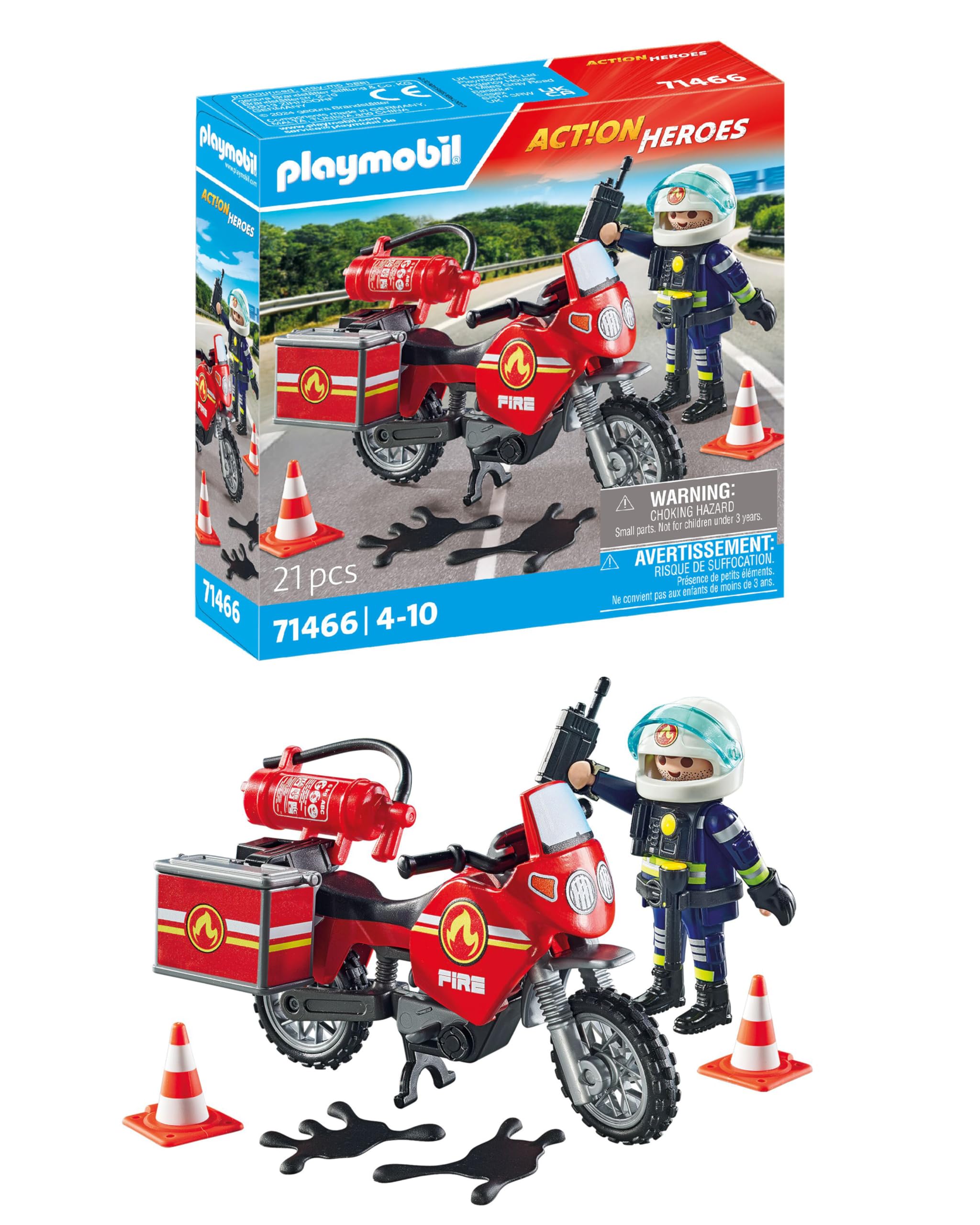 Playmobil fire motorcycle figure on bike for immersive rescue play.