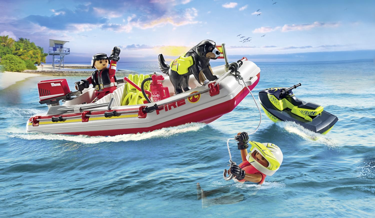 Playmobil Fireboat with Aqua Scooter two figures ready for a rescue