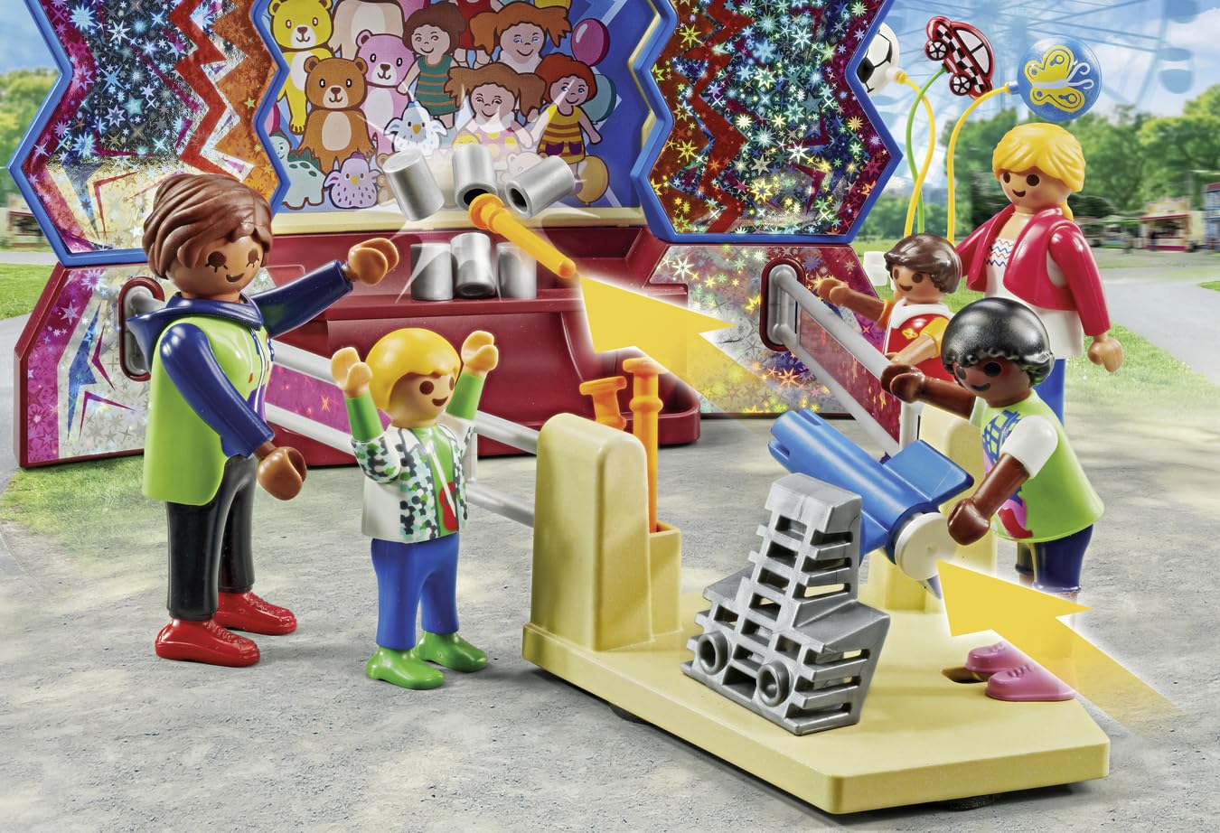 Playmobil Fun Fair tin can game offers a playful target challenge.