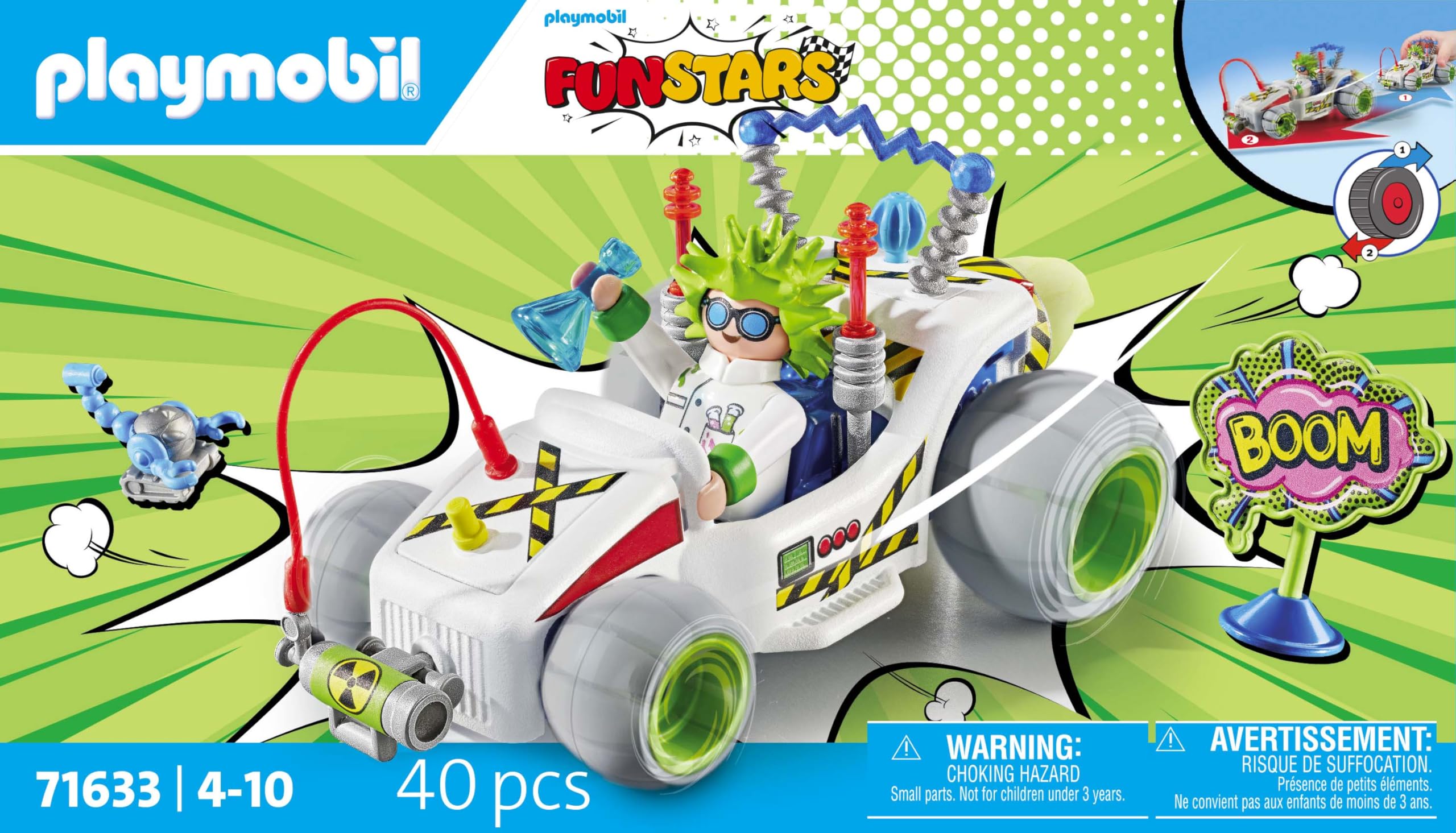 Playmobil Funstars Racing Professor lab glasses spark curious, hands-on exploration