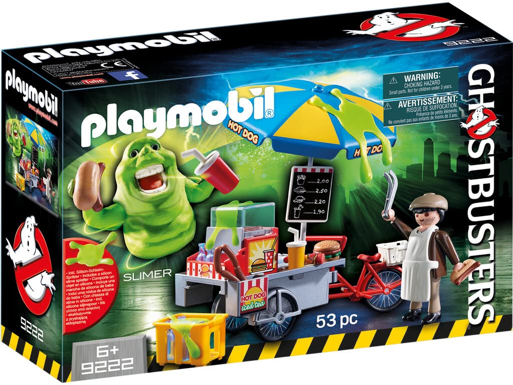 Playmobil Ghostbusters Slimer at hot dog stand for imaginative play and storytelling.