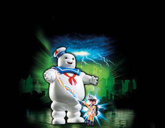 Playmobil Stay Puft towering over a marshmallow city scene for dramatic play.