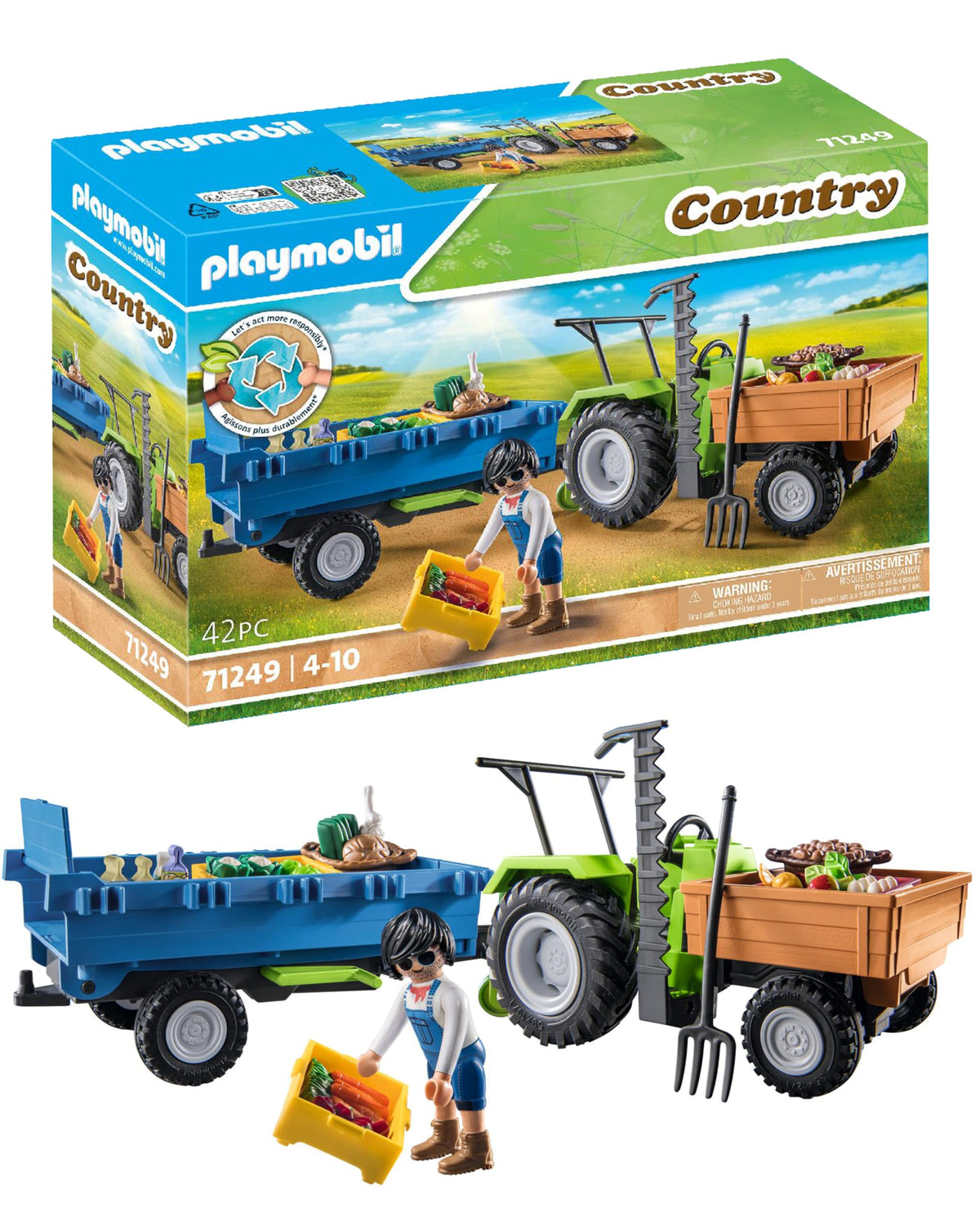 Playmobil Harvester Tractor front view shows sturdy build for durable farm play.