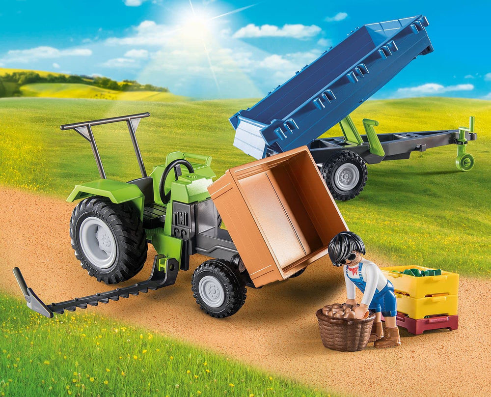Playmobil Harvester Trailer bed tilts back for quick crop release.
