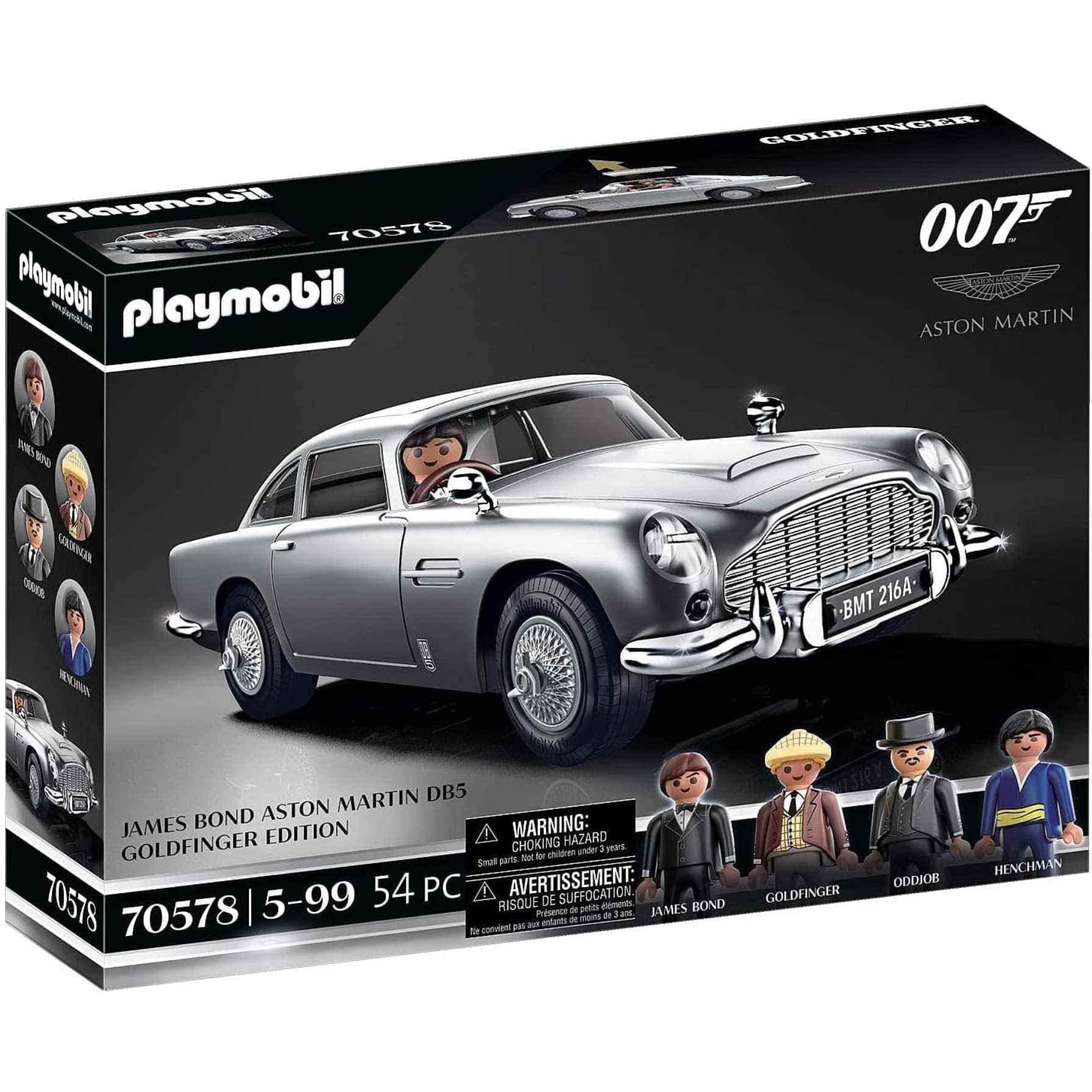 Playmobil James Bond Aston Martin DB5 Goldfinger Edition front view with hidden gadgets for imaginative spy play.