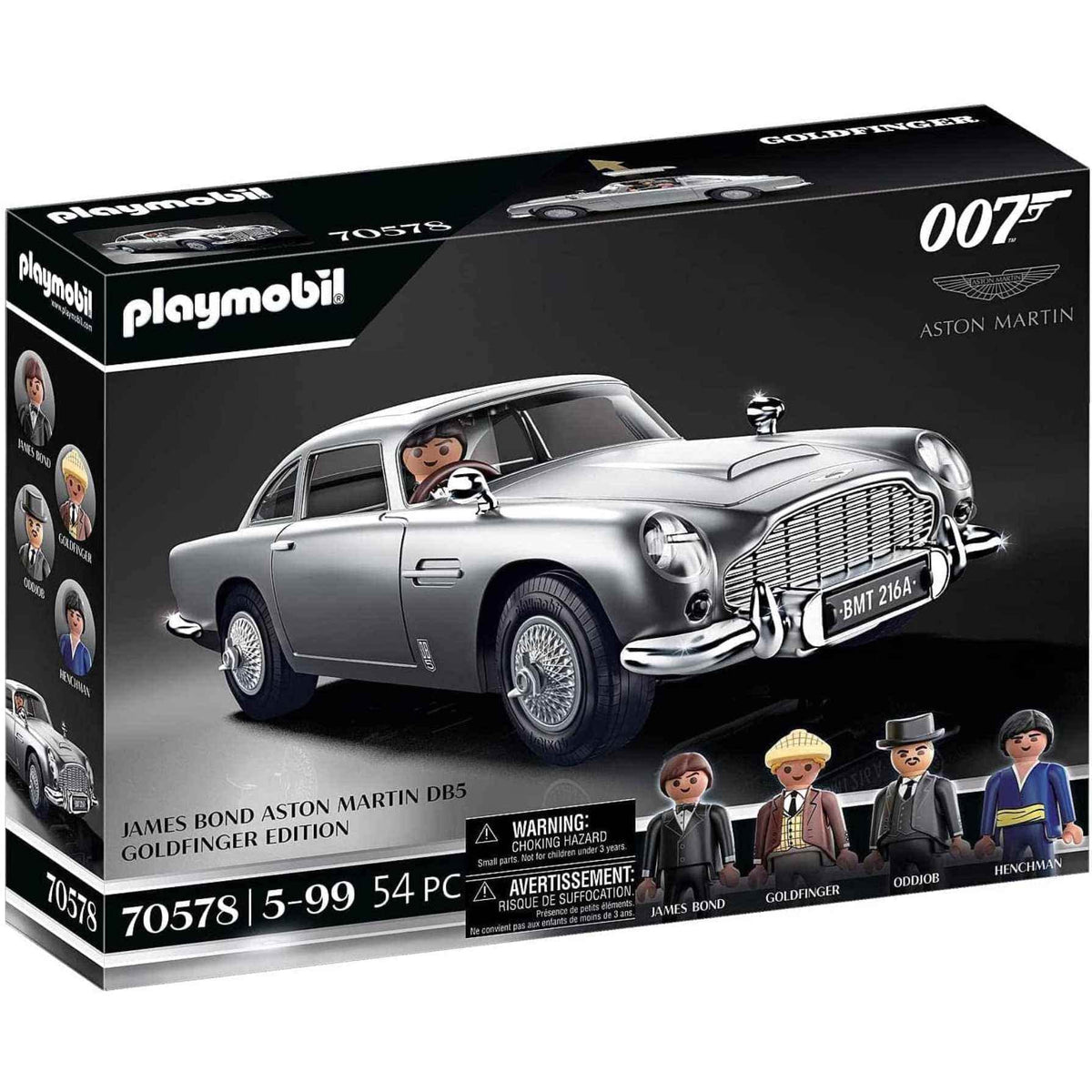 Playmobil James Bond Aston Martin DB5 Goldfinger Edition front view with hidden gadgets for imaginative spy play.