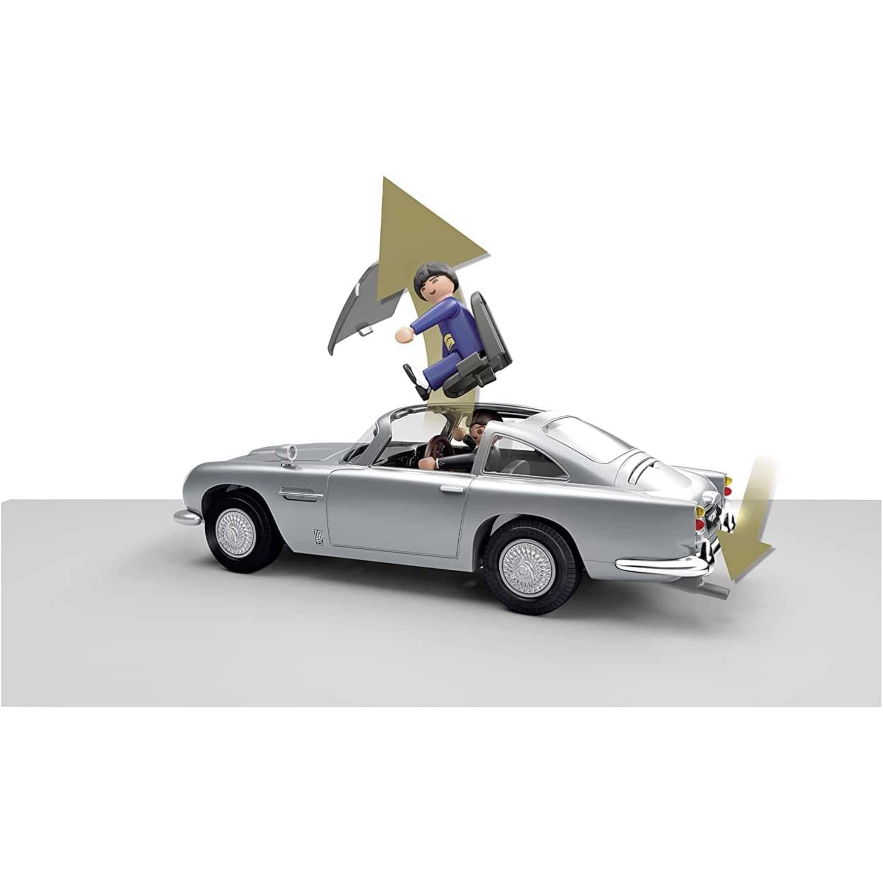 Playmobil James Bond DB5 Goldfinger Edition open roof for two-figure action and interactive storytelling.
