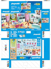 Playmobil Kitchen with Dining Table scene: family dining with friendly cat nearby.