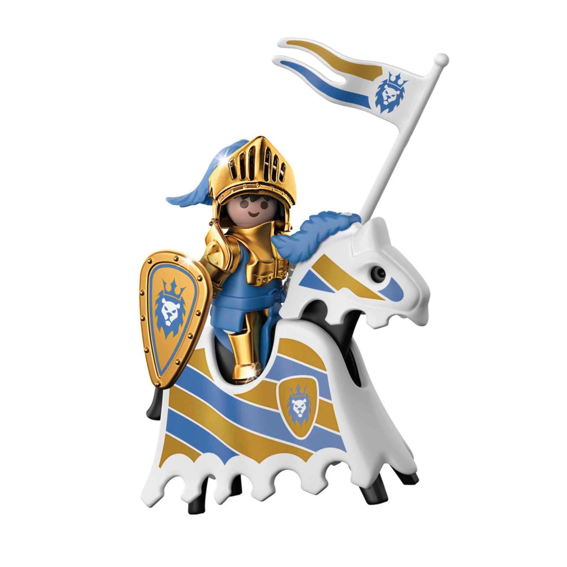 Playmobil knight front view highlighting classic smile and vivid colors.