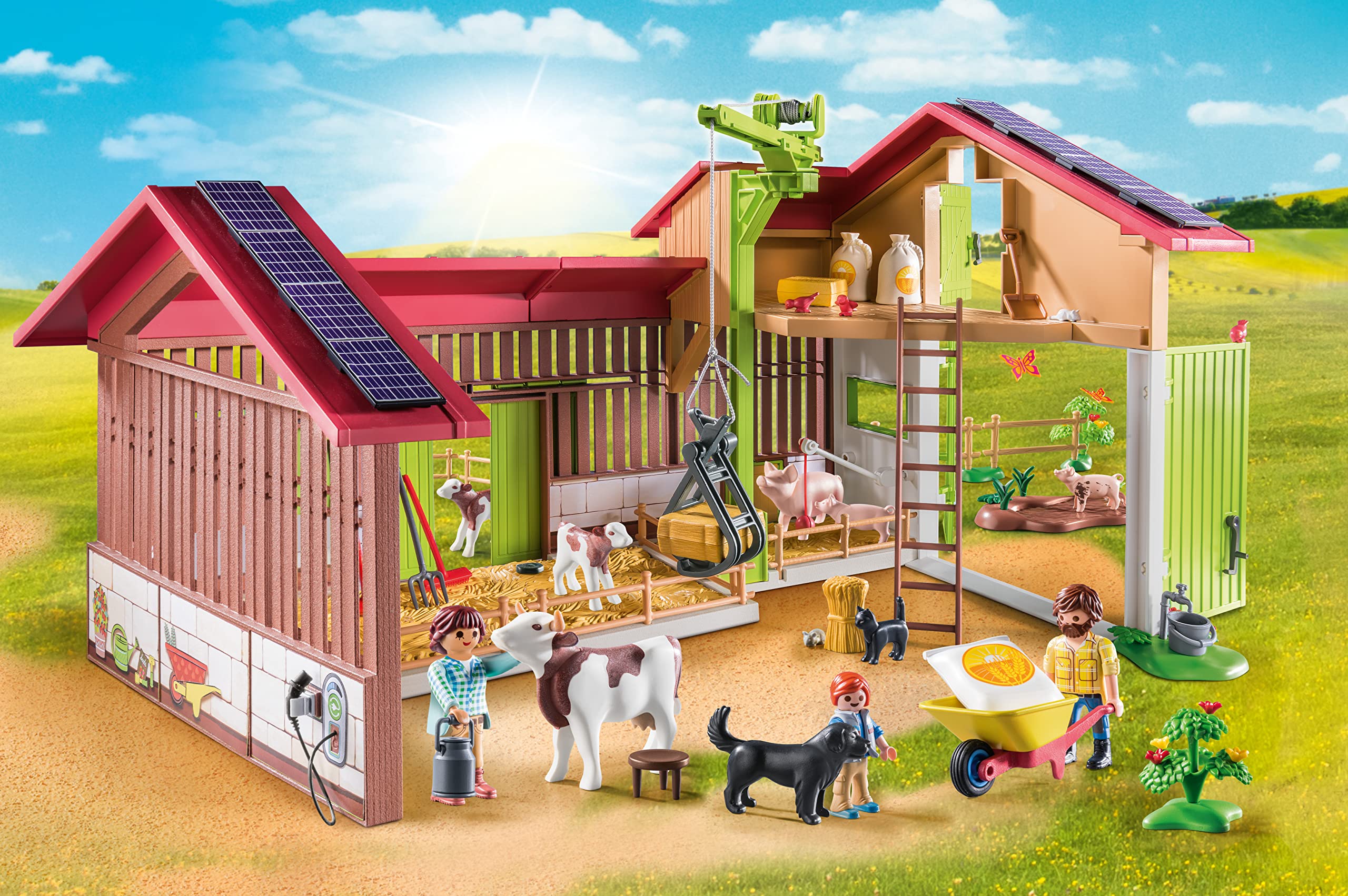 Crane lifts hay bales at the Playmobil Large Farm