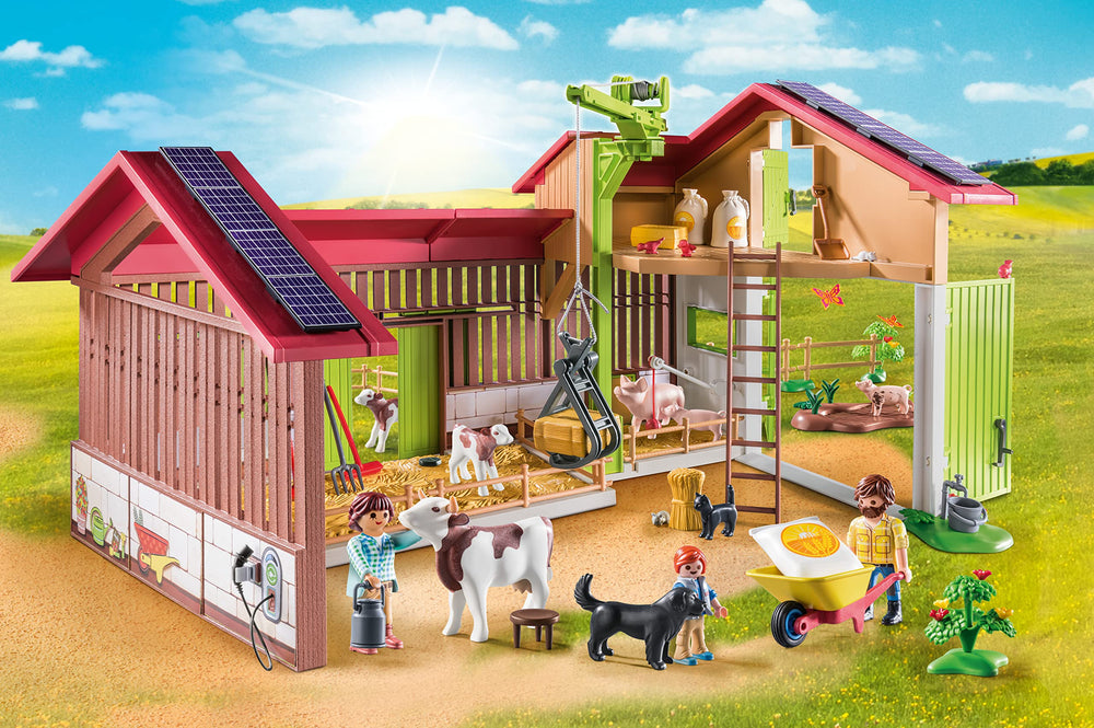 Crane lifts hay bales at the Playmobil Large Farm