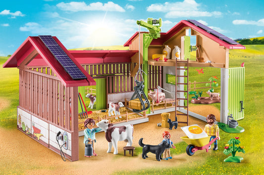 Crane lifts hay bales at the Playmobil Large Farm