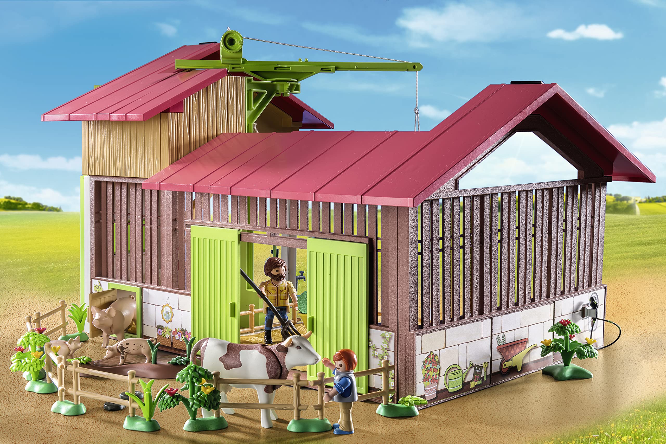 Three Playmobil figures performing farm chores together