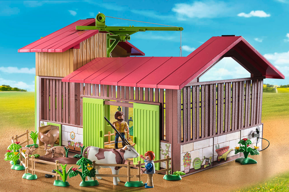 Three Playmobil figures performing farm chores together