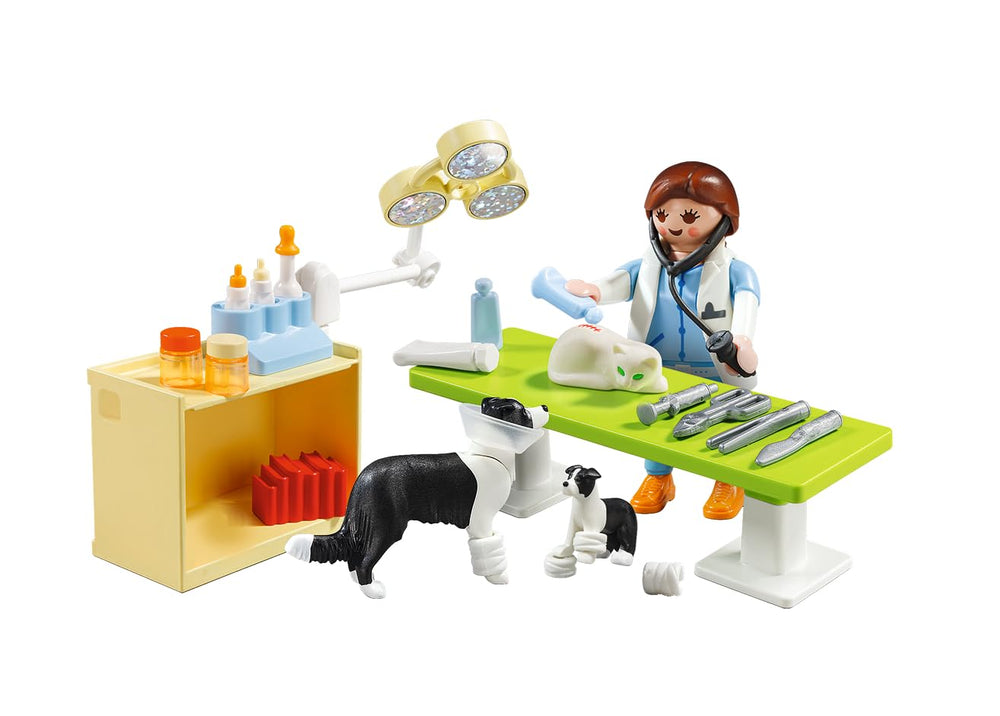 Playmobil medical tools and bottles enhance believable medical play.