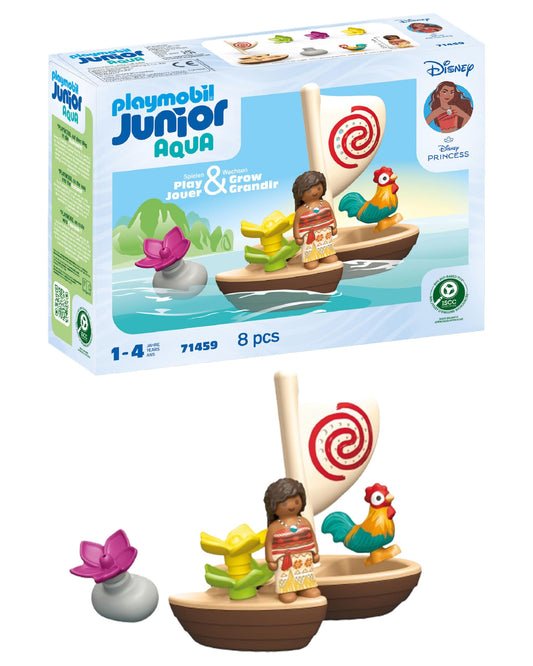 Playmobil Moana boat ensemble with crew, perfect for imaginative water play.