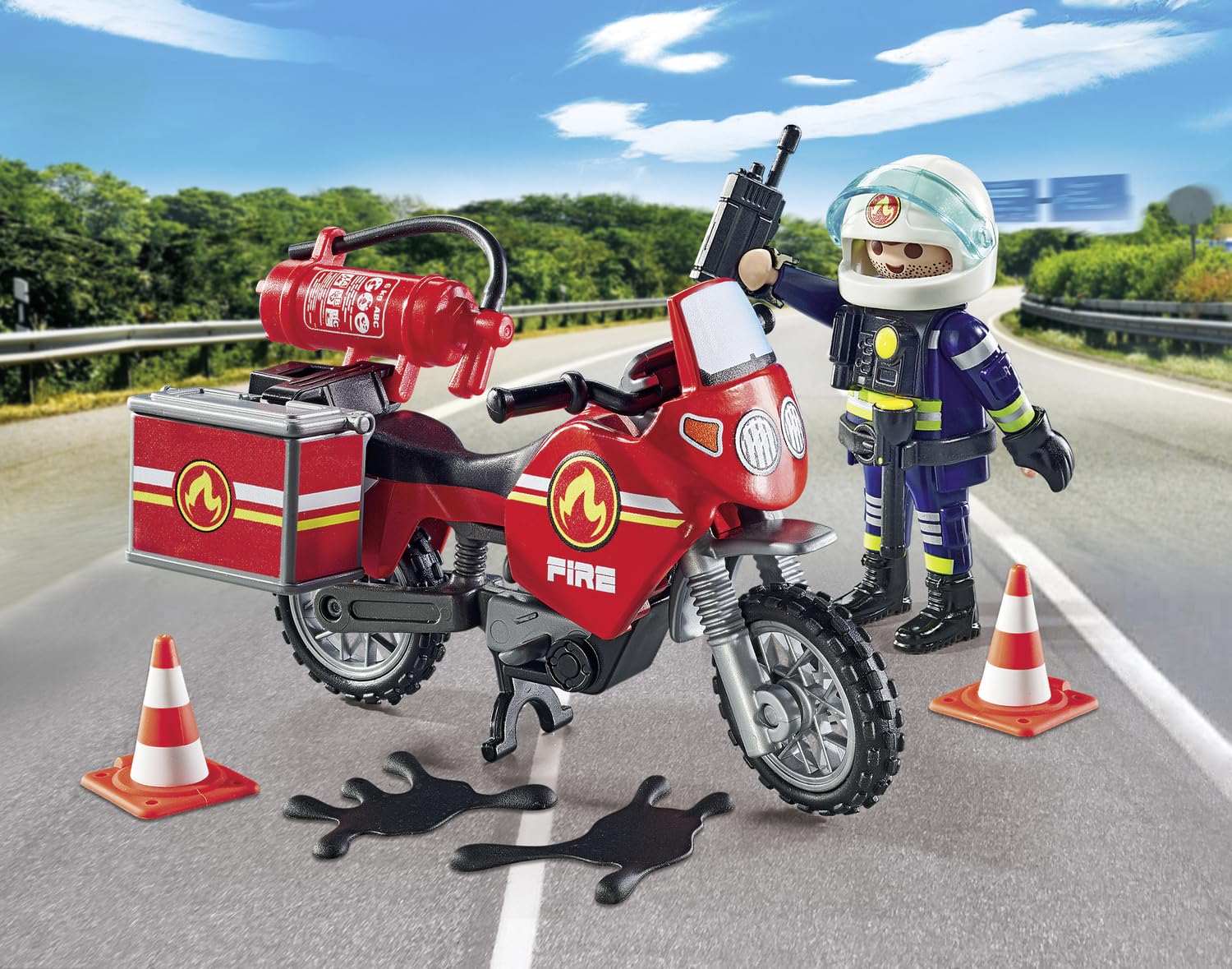 Playmobil movable visor helmet adds authentic firefighter gear.