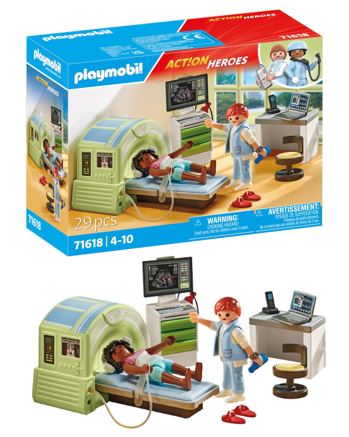 Playmobil MRI with Child: child on the bed during a calm, pretend imaging session.
